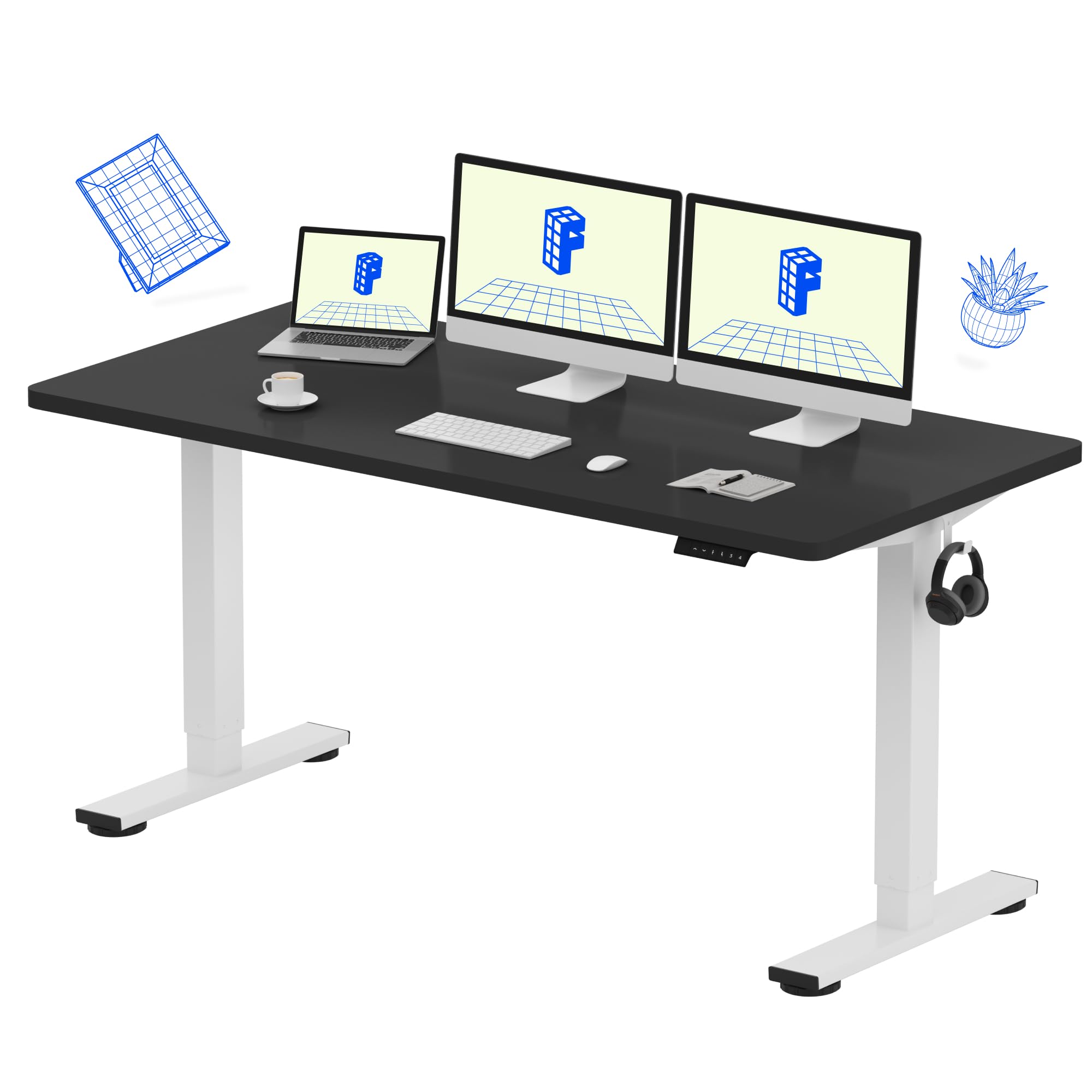 FLEXISPOT EN1 One-Piece Standing Desk, 60 x 24 Inches Large Height Adjustable Desk, Electric Sit Stand Desk Home Office Table Computer Workstation (White Frame + Black Desktop, 2 Packages)