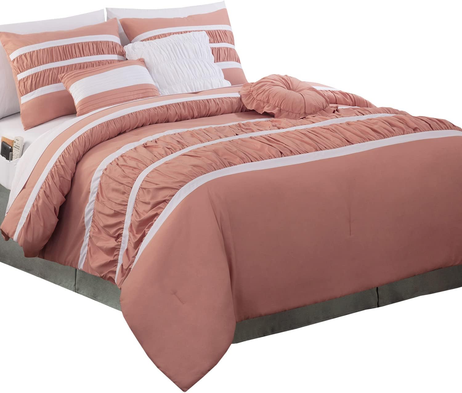 Elegant Comfort 12-Piece Bed-in-a-Bag, Isabella Pleated Ruched Ruffled Comforter Set, 6-Piece Sheet Set Featuring Smart Pockets, Matching Decorative Pillows, All Season Bedding, Queen, Dusty Rose