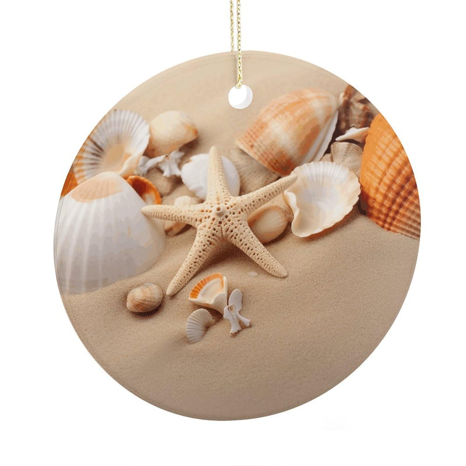 Adfgyerh Style Seashells Starfish On The Sand Ceramic Circular Pendant,2.9 Inch，Hanging Ornament，Gift Exchange Idea Round Ceramic Ornament,For Mom And Daughter，For Home Indoor Outdoor Decor.