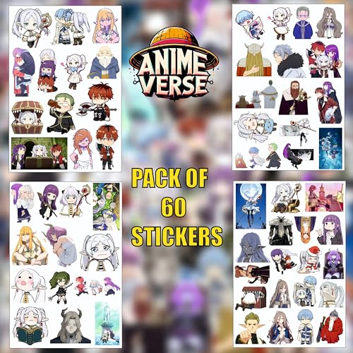 Image of AnimeVerse Pack of 60 Frieren Anime Stickers for Laptop, Phone, Guitar, Bike, PC, | Waterproof Glossy Vinyl Decals | Residue-Free Anime Stickers Collection (Frieren)