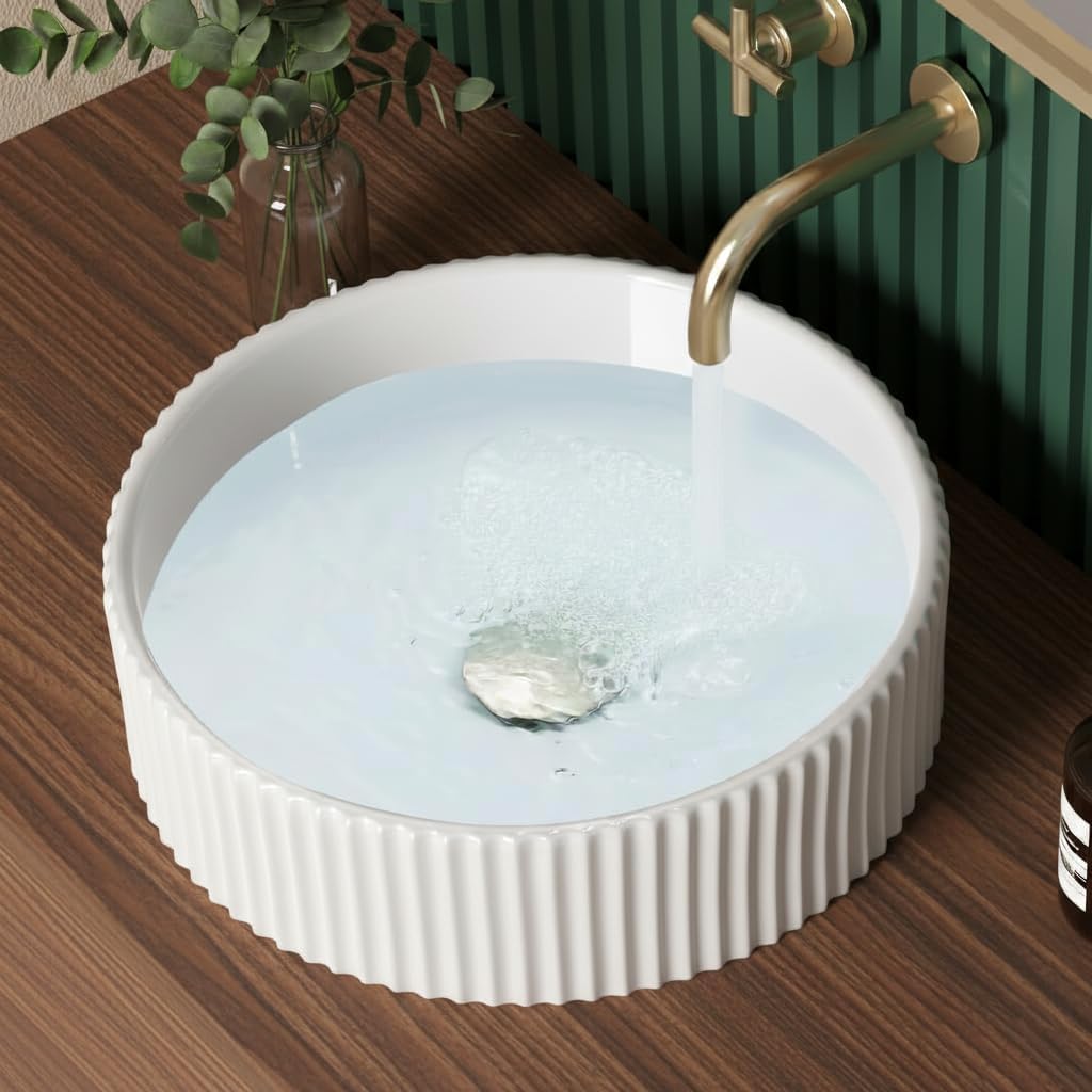 KES Bathroom Vessel Sink, 16 Inch Small Vessel Sink for Bathroom, Round Bowl Sink White Above Counter, RV Sink, Countertop Modern Sinks for Cabinet Lavatory Vanity Porcelain Ceramic, BVSC129