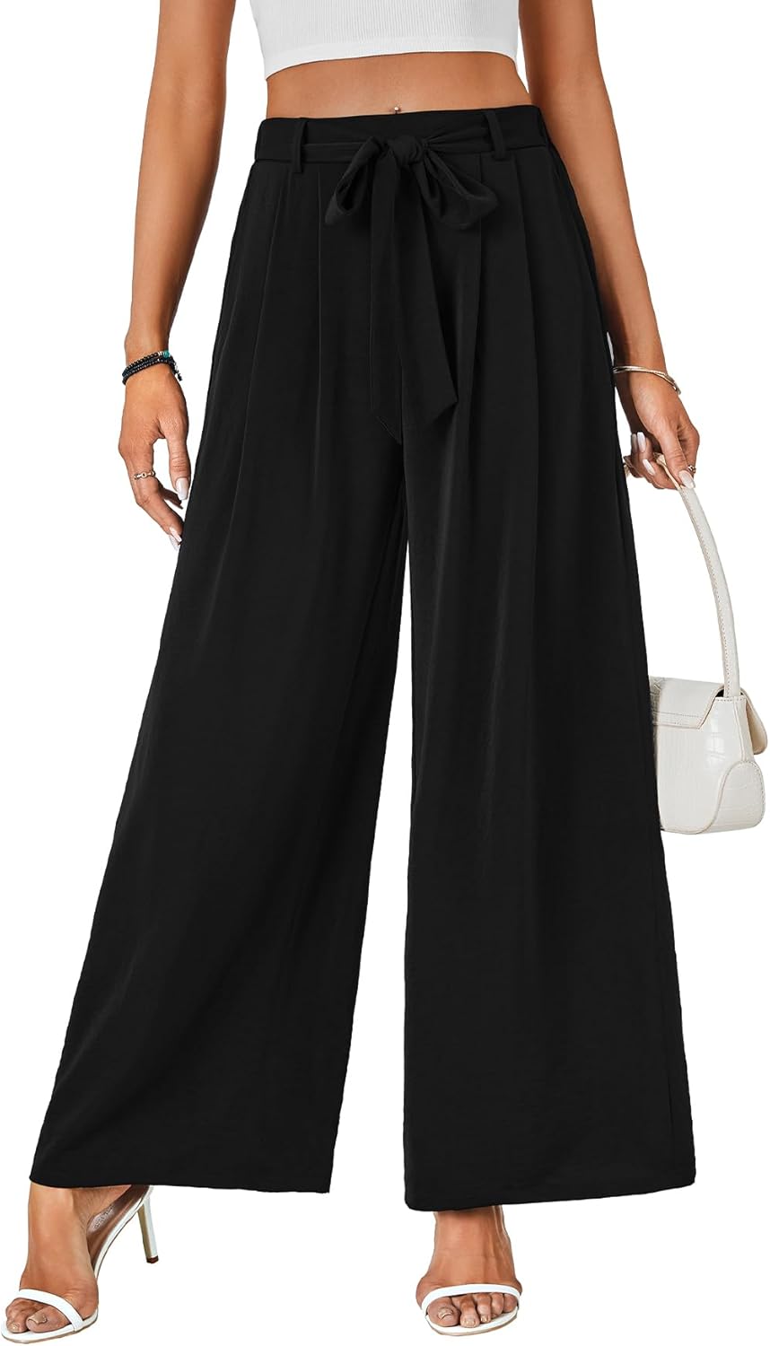 LYANER Women's Casual Loose Elastic Tie Knot Waist Wide Leg Pants Trousers with Pockets - Image 2