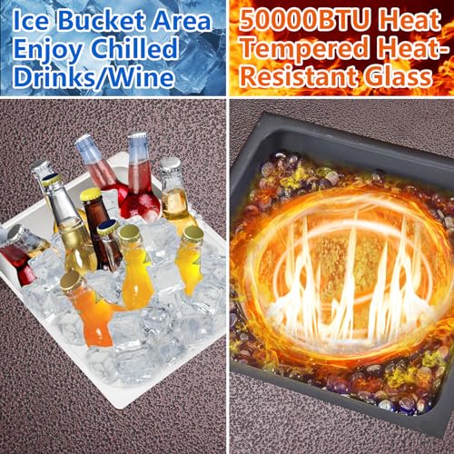 56" Propane Fire Pit Table with Ice Bucket,50000BTU Fire Table with 13" Square Drink Ice Bucket Wind Guard, Fire Glass Beads & CSA Safety Certified Outdoor Firepit for Patio Yard Garden(Bronze)