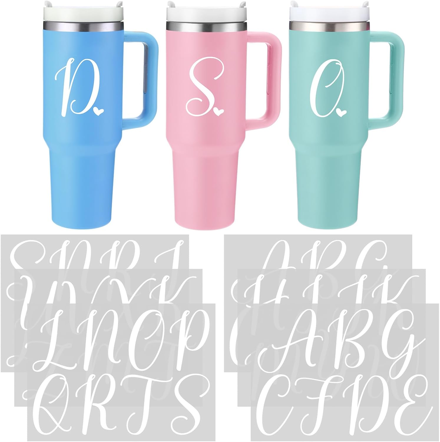 Honoson 6 Sheets UV DTF Cup Wrap Initial Letter Stickers with Heart Sticker Waterproof Custom Vinyl Lettering Alphabet Stickers Personalized Name Decals for 14-40oz Tumbler Cup Water Bottle DIY(White)