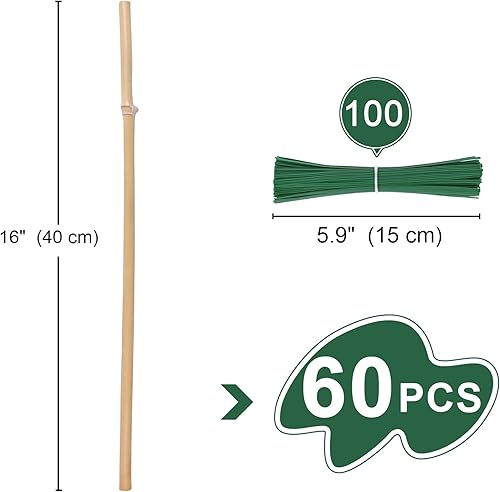 Miniatura 2 de Varillas de bambú para plantas trepadoras de 16 pulgadas, 60 estacas de bambú natural con 100 lazos giratorios, palitos de tomate de jardín, estacas