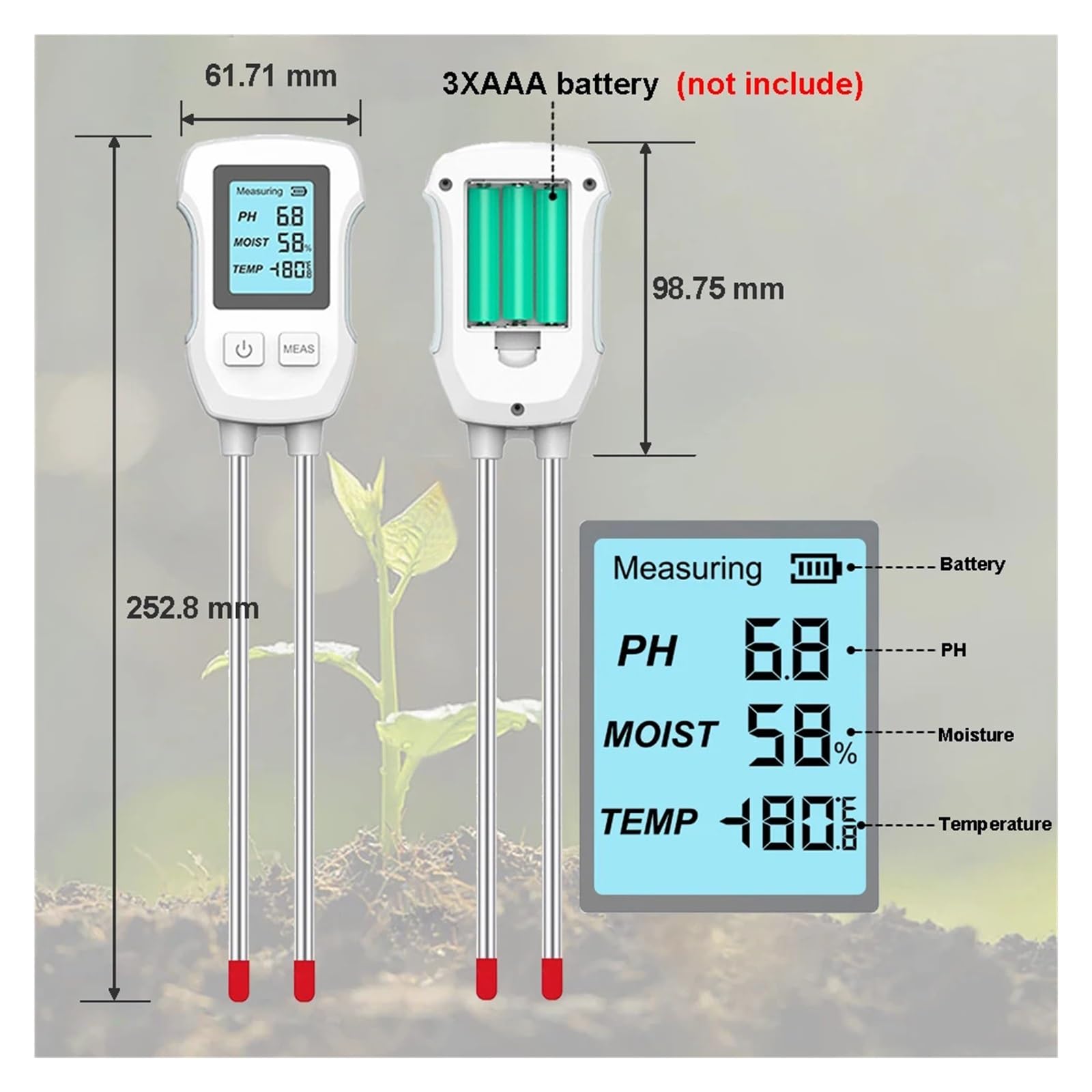 Misuratore di umidità del Terreno 3 in 1 Misuratore Digitale di Temperatura delle Piante/umidità del Terreno/PH Misuratore di Test del Terreno con Display LCD(2PCS)