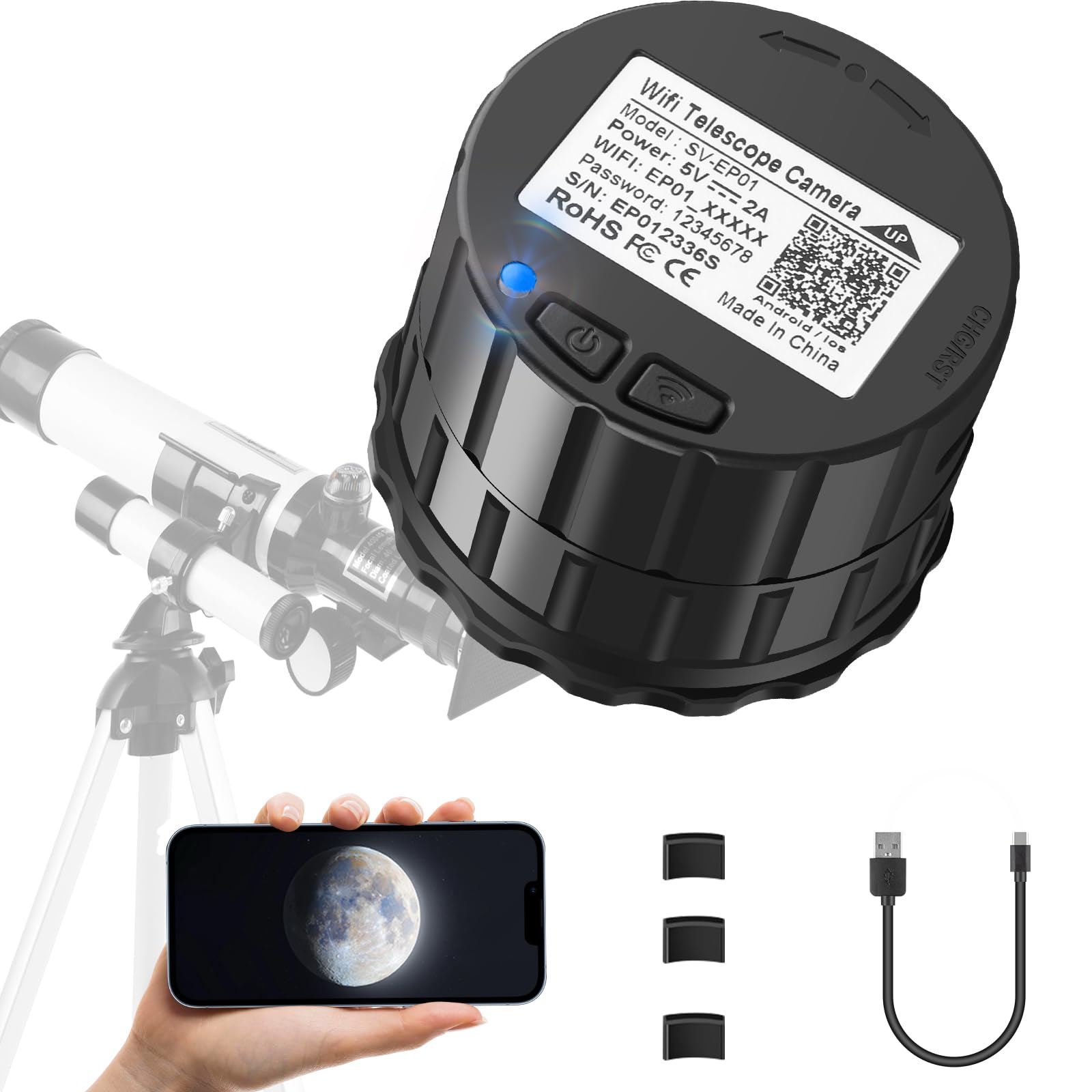 WiFi Teleskop Okularkamera für Astronomie - 4MP Elektronische Okularkamera für Astrofotografie, Planeten- und Vogelbeobachtung, passend für 25mm-50mm optische Teleskope und Mikroskope
