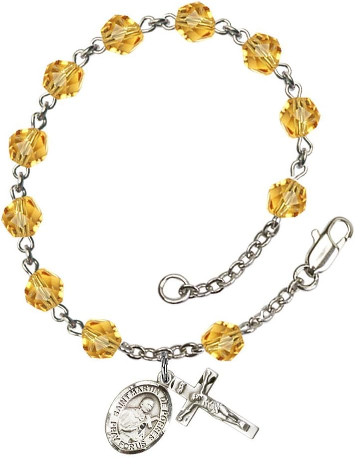 Bonyak Jewelry St. Martin de Porres Silver Plate Rosary Bracelet 6mm Fire Polished Beads - Every Birth Month Color