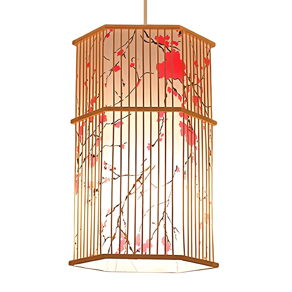SHUANGZ Classic Bamboo Pendant Light with Patterned Faux Parchment Chandelier Natural Wicker Creative Lantern Japanese Hanging Lamps for Kitchen Dining Room Living Room Hallways E26 Socket