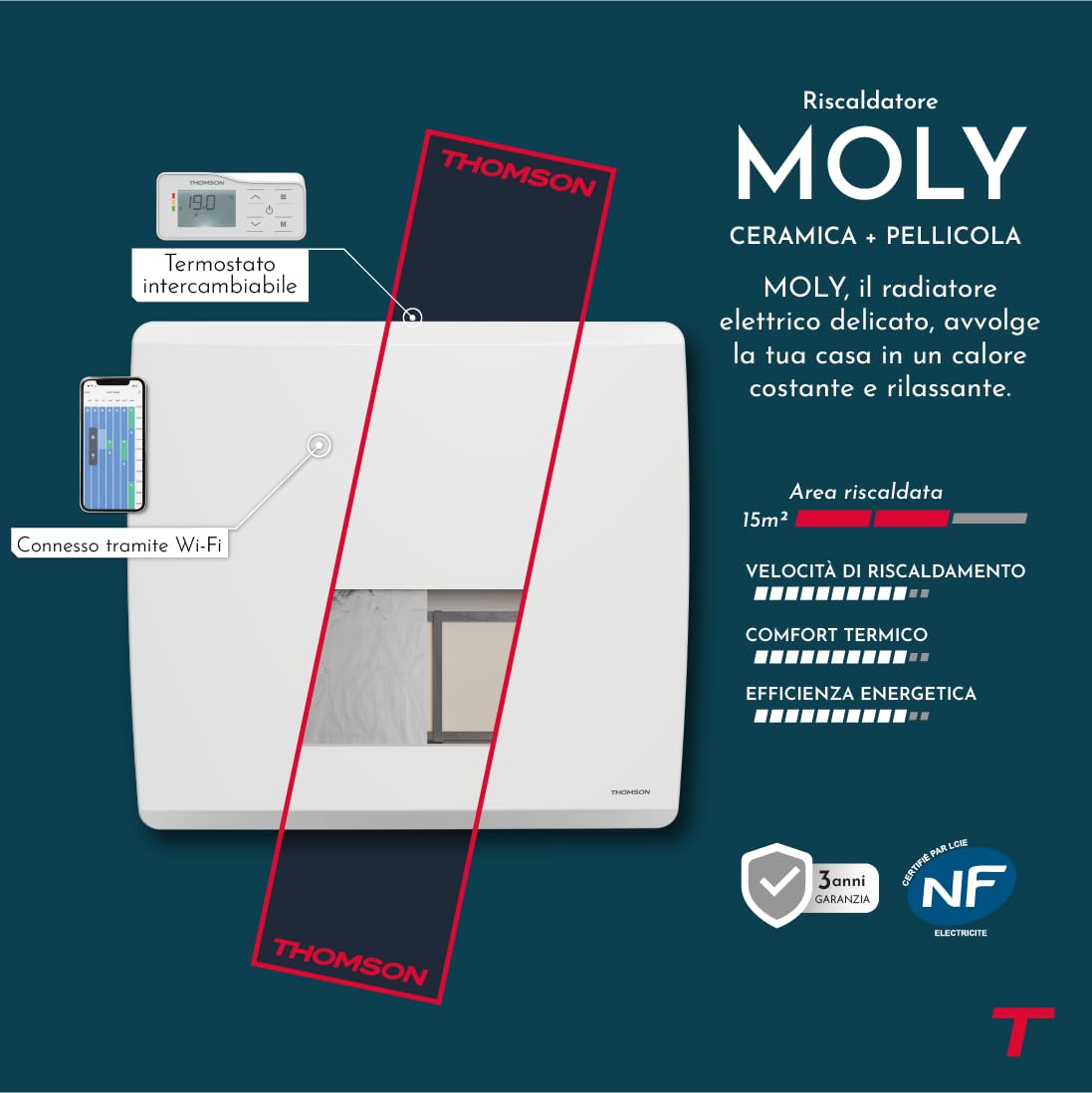 THOMSON - Radiatore elettrico fisso collegato WiFi a inerzia secca ceramica + pellicola con termostato intercambiabile 1500 W THOMSON MOLY orizzontale bianco