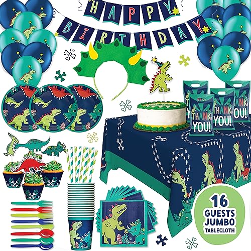 ecoZen Dinosaur Birthday Party Decorations - Jurassic Park Themed Supplies for 16 Guests, Includes Dino Plates, Cups, Napkins, Banner, Cutlery, Balloons, Tablecloth, Straws, Toppers