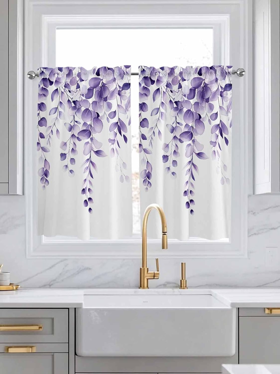 Purple Eucalyptus Leaves Tier Curtains 45 Inches Long, Spring Botanical Window Treatment Curtain Drapes, Rustic Window Half Privacy Curtains for Bedroom Bathroom, 42"x45", 2 Panels
