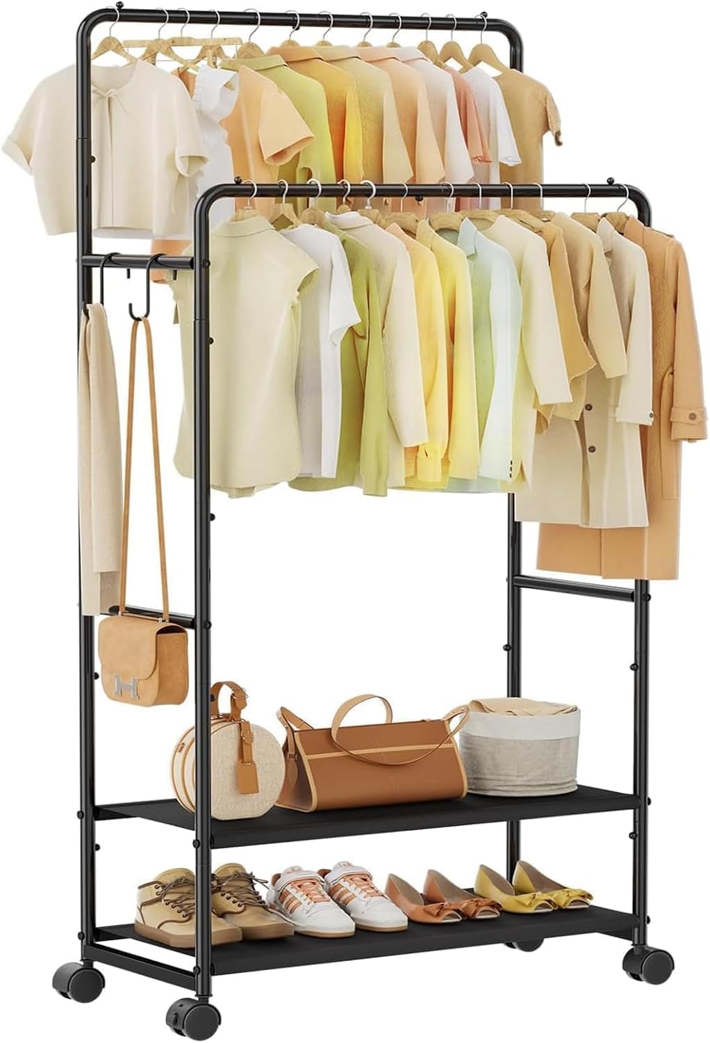 Simple Trending Clothes Rack, Double Rods Clothing Rack with Shelves, Black