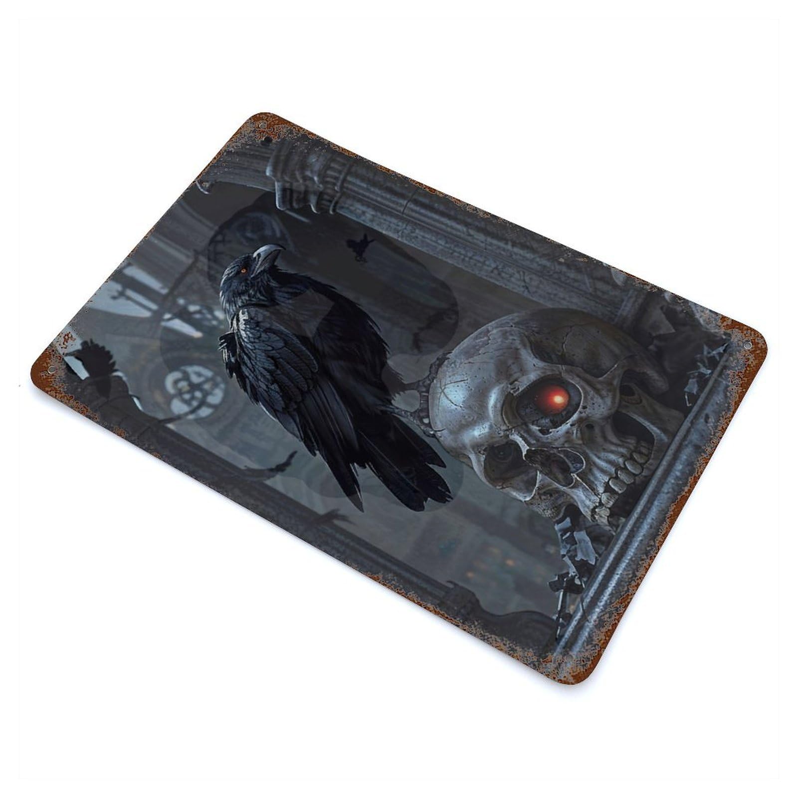 Rust Effect Gothic Skull And Raven Weathered Tin Sign 11.8"x7.9", Classic Wall Plaque for Living Room, Hallway And Home Decor