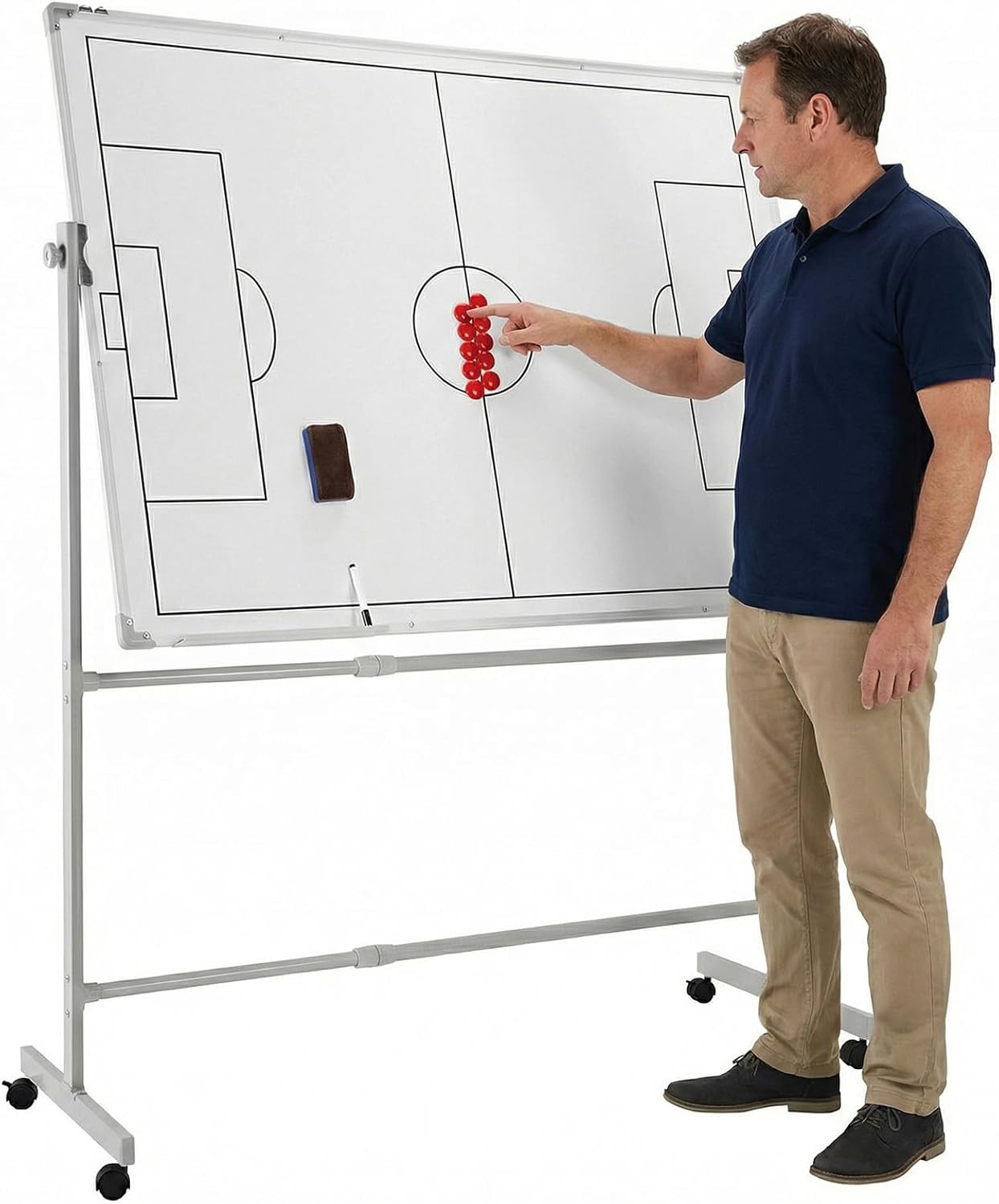 Generic Mobile Double-Sided Soccer Coaching Board 360 Degree Reversible Dry Erase Whiteboard with Wheels Height Adjustable Soccer Tactics Board with Magnets Pen & Eraser