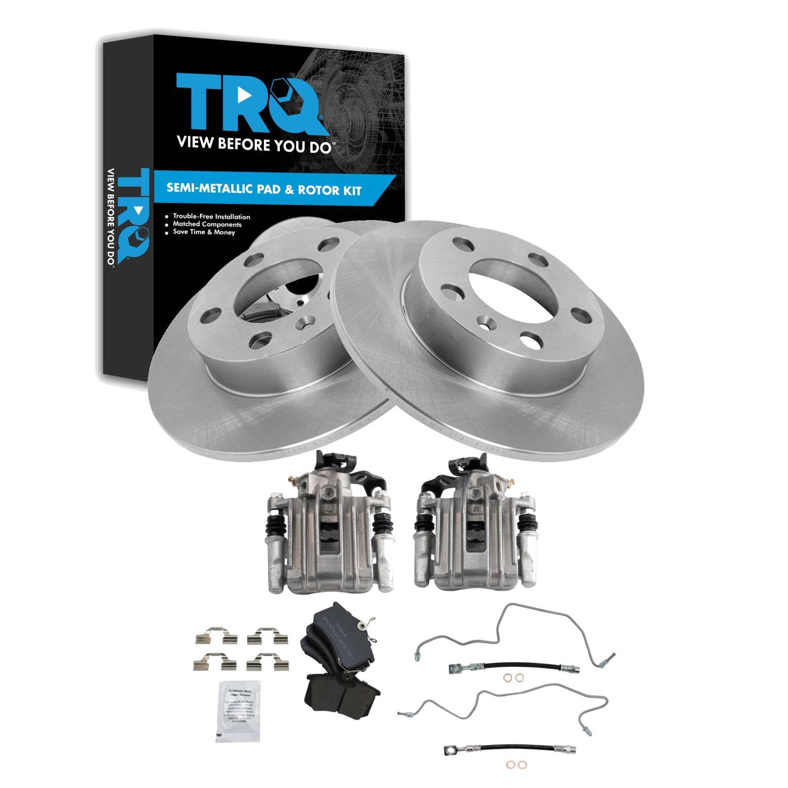 TRQ Rear Brake Pad and Rotor Set Semi Metallic Calipers Compatible with 2007-2010 Volkswagen Beetle 1999 Golf
