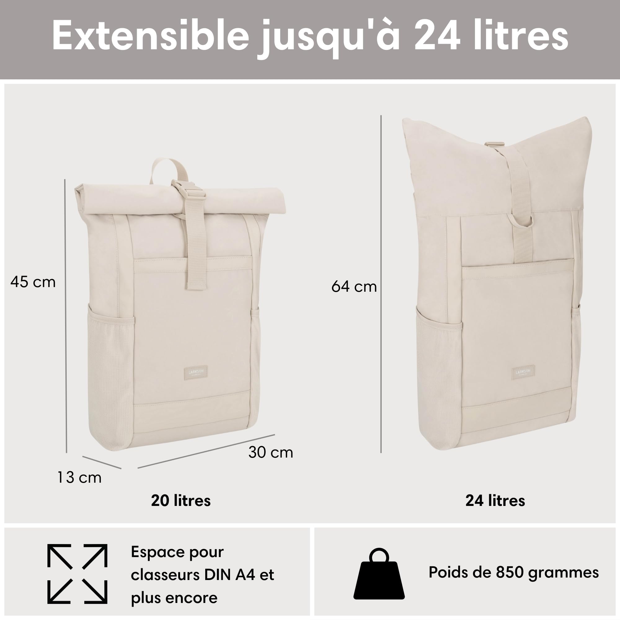 Larkson Sac à Dos Roll Top Femmes & Hommes Beige - No 2 - Backpack pour l'École, l'Université - Compartiment Ordinateur Portable 16 Pouces - Hydrofuge
