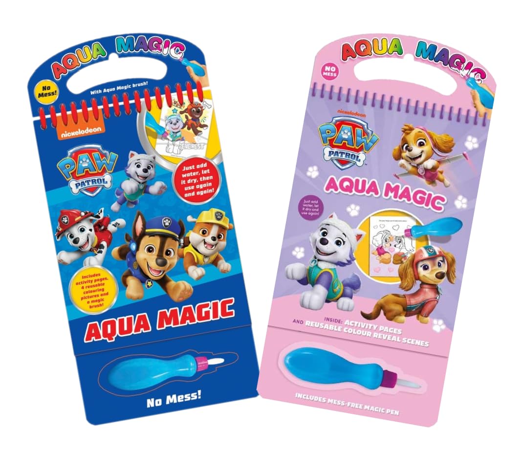 Anila's Paw Patrol Aqua Magic Books Set with Magic Water Brush – Reusable Mess-Free Colouring & Activity Book for Kids Aged 3-8 – 4 Reusable Pictures & 5 Activity Pages – Paw Patrol Gift