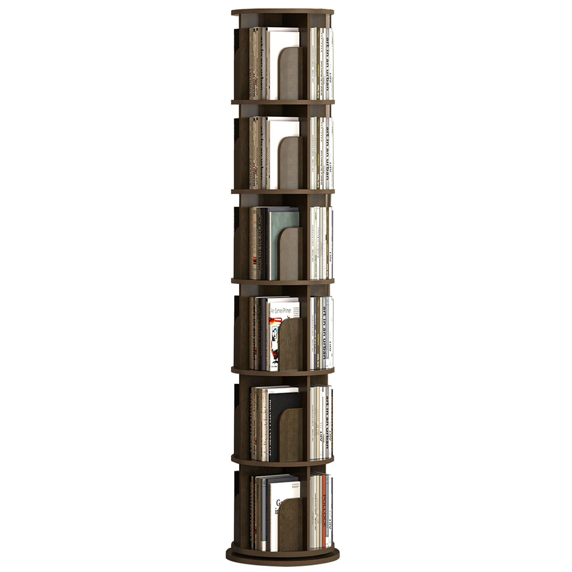 ASerZenith Walnut 4 Tier Rotating Bookshelf: Space Saving Corner Display Rack For Bedroom Or Living Room (Walnut 6Tier)