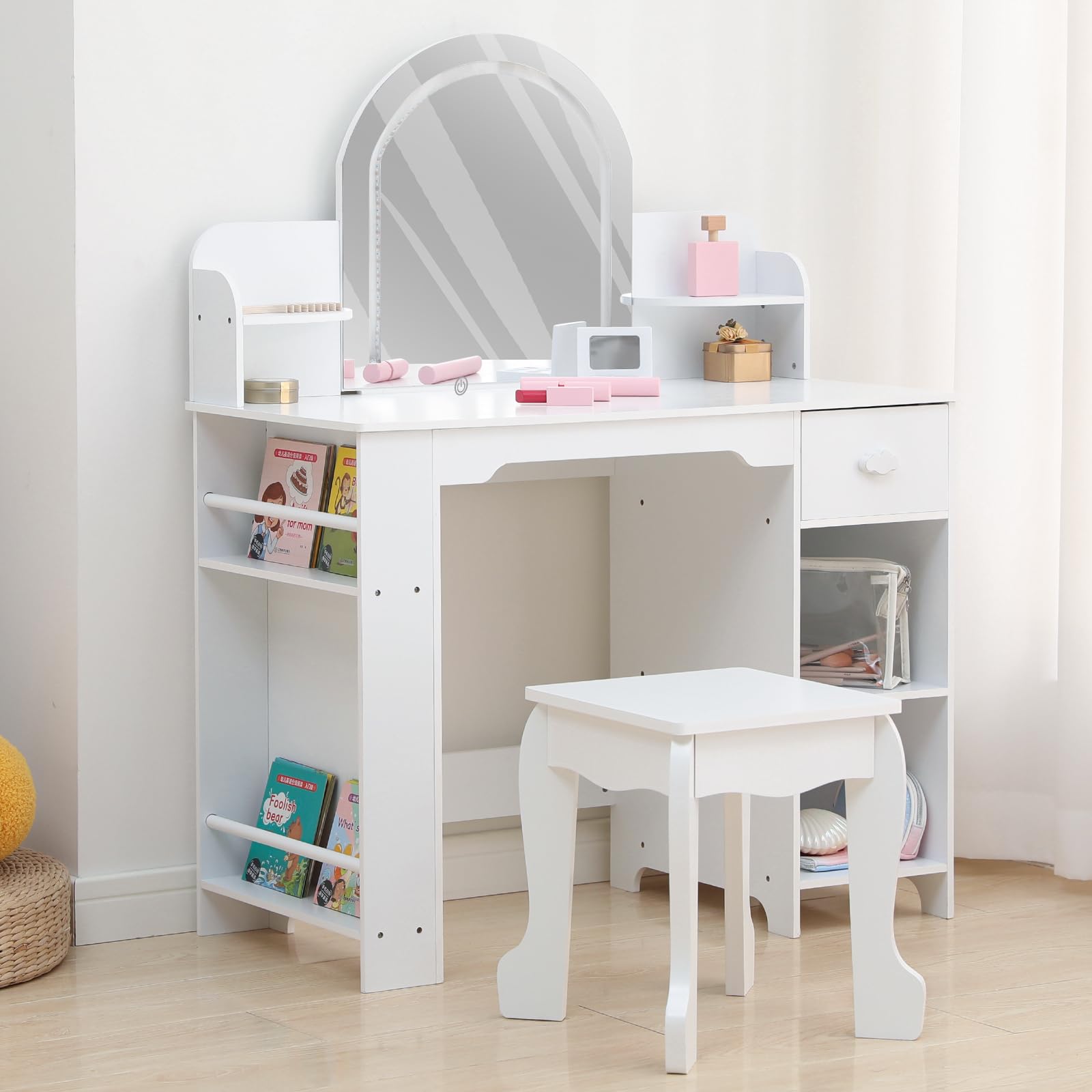 GarveeHome Kinder Schminktisch Set mit LED-Spiegel & Hocker – Holz Schminktisch für Mädchen mit Schubladen, offenen Fächern & Bücherregal – Perfekt für Kinderzimmer oder Spielzimmer – Farbe: Weiß