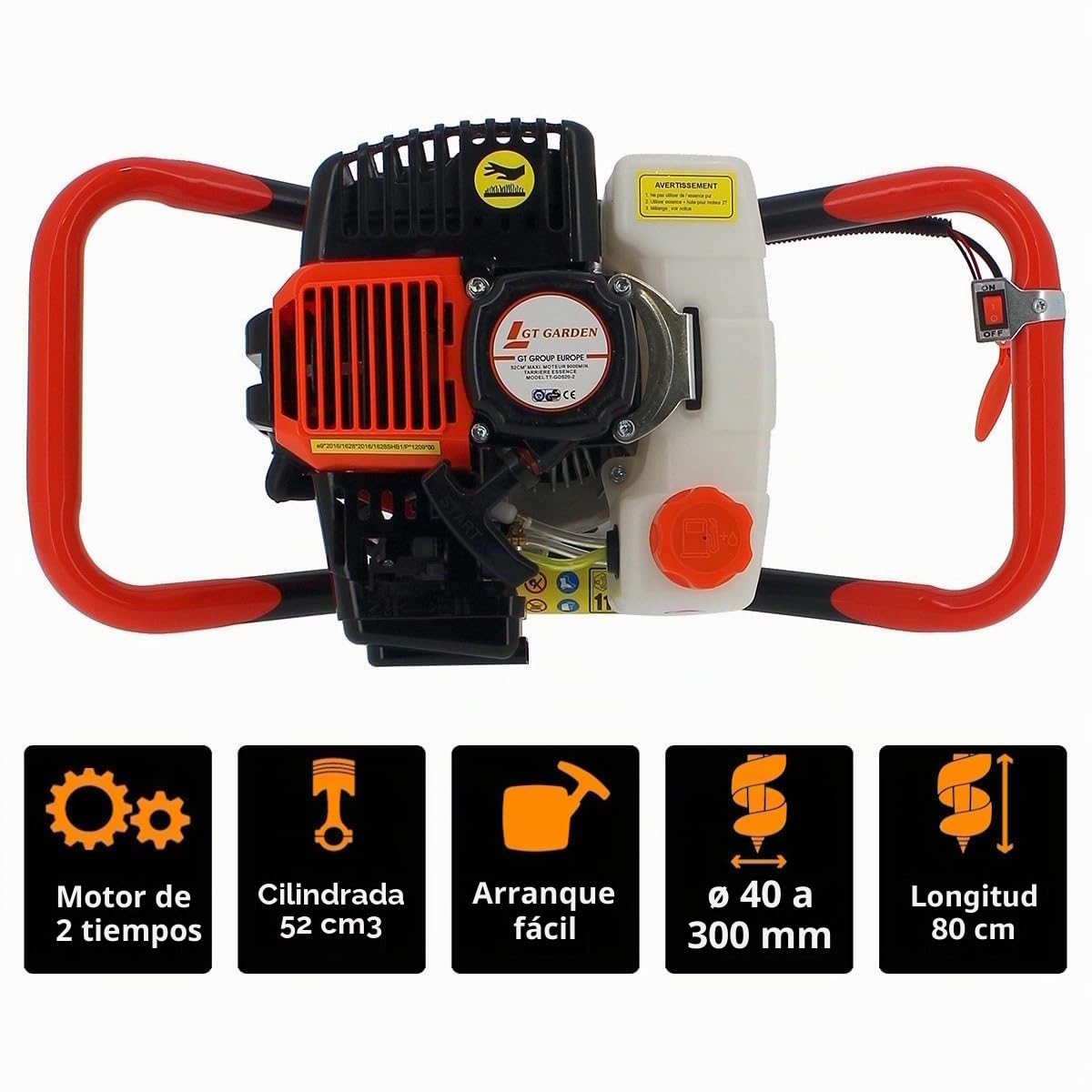 GT GARDEN Taladro de Tierra ahoyador de Gasolina 52 cm3, 3 CV con 3 Brocas (100, 200 y 300 mm)