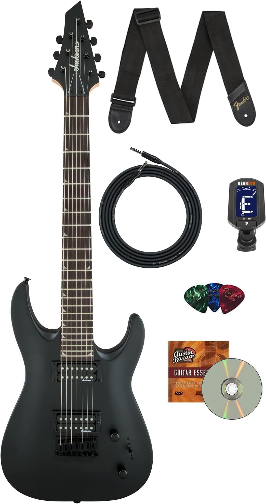 Jackson JS Series Dinky Arch Top JS22-7 DKA HT 7-String Electric Guitar - Satin Black Bundle with Cable, Tuner, Strap, Picks, and Austin Bazaar Instructional DVD