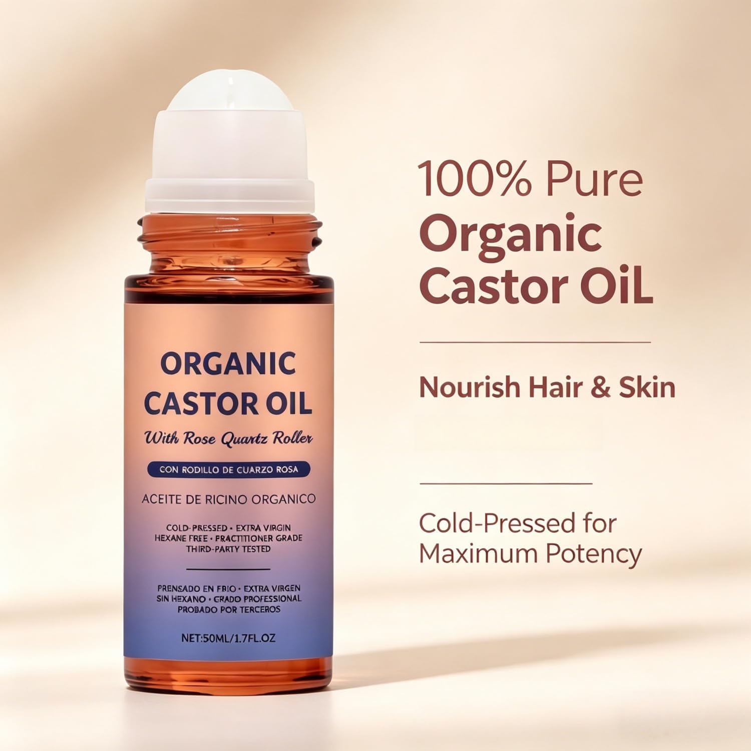 Organic Castor Oil with Rose Quartz Roller, Pure Organic Cold-Pressed Castor Essential Oil Roller Ball,Deep Hydration & Smoothing, Suitable for All Skin Types (1) — view 3