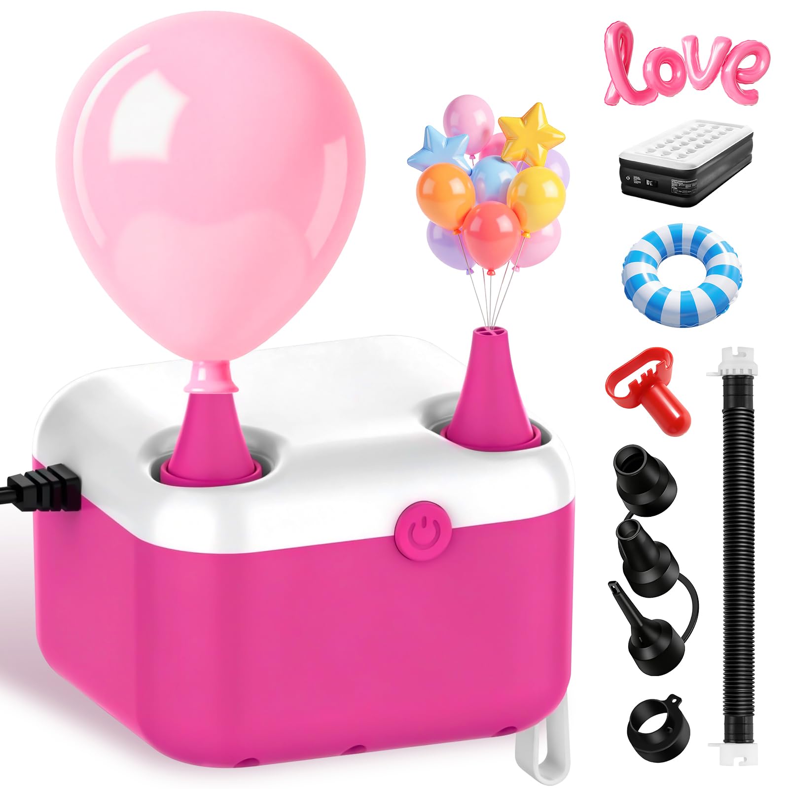 Luftballonpumpe Elektrische, 3-in-1 Elektrische Luftpumpe CEE 7/16 Stecker, Ballonpumpe mit 2 Luftdüsen zum Aufblasen/Entleeren von Poolschwimmer, Luftmatratzen und Luftballons für Dekorationen Party