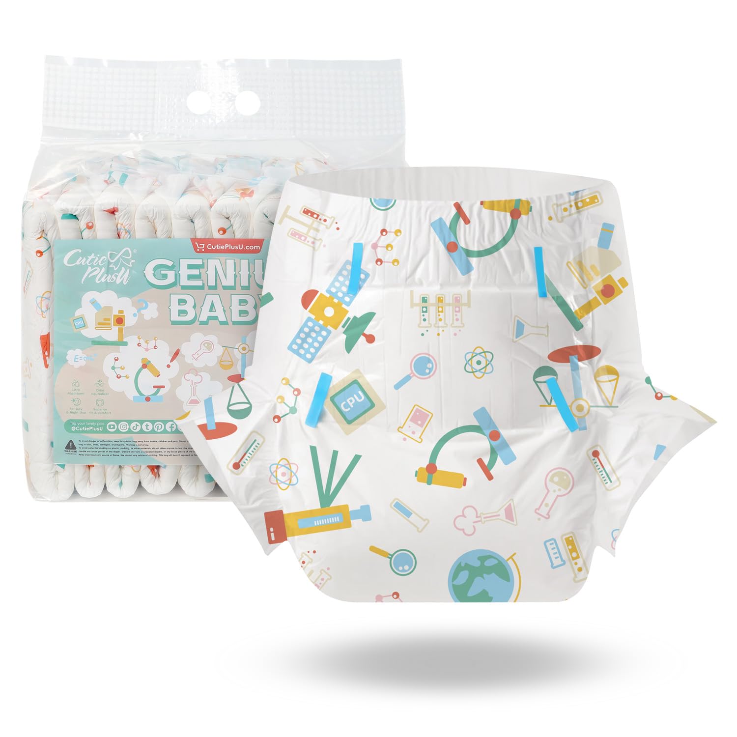 CutiePlusU Adult Diapers 10 Pieces, Disposable Incontinence Briefs with Tabs for Women and Men, Maximum Overnight Absorbency- Genius Baby (Large 37"-