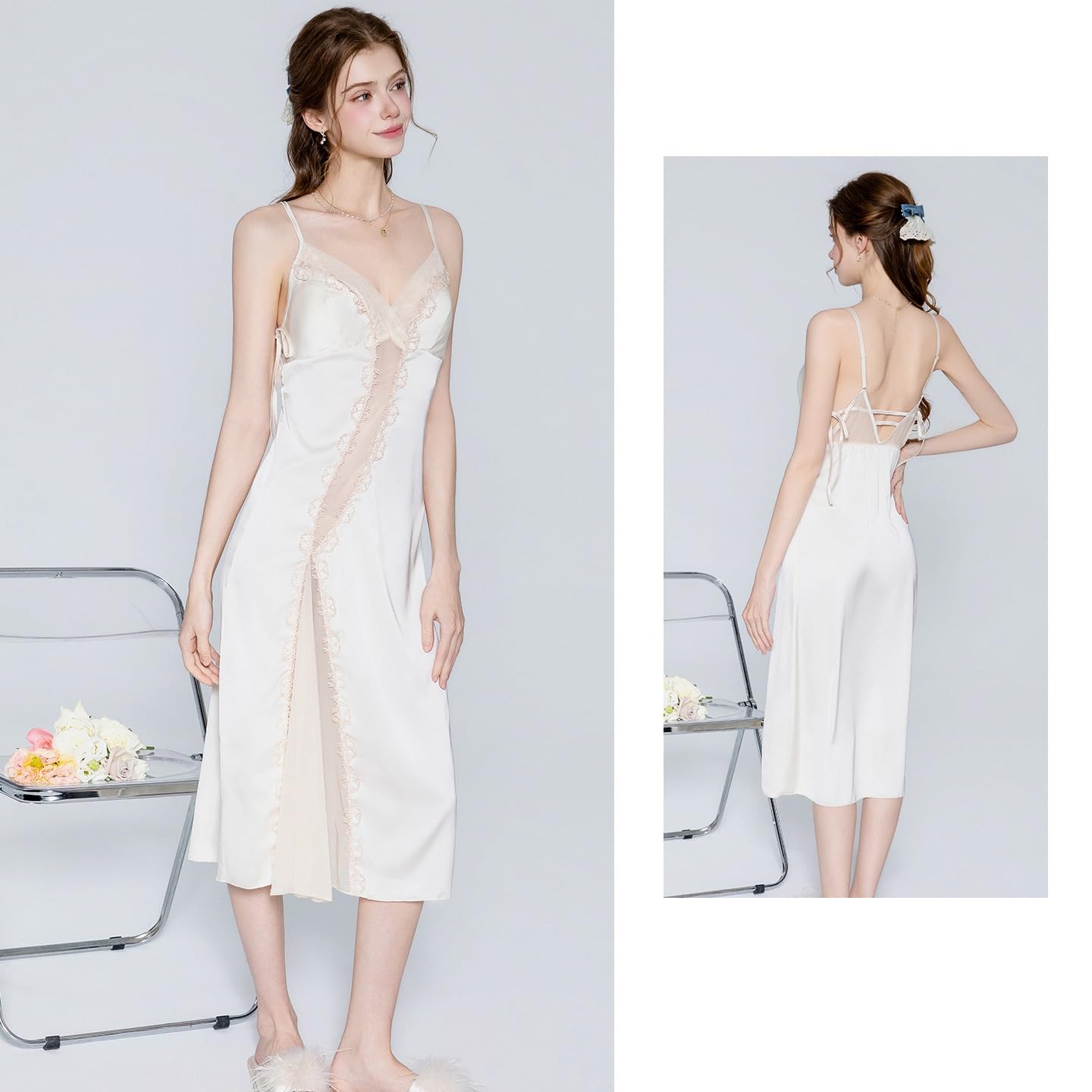 Vestaglia Sposa Completo Abito Lungo Aderente Senza Schienale Imbottito in Rete Satinata