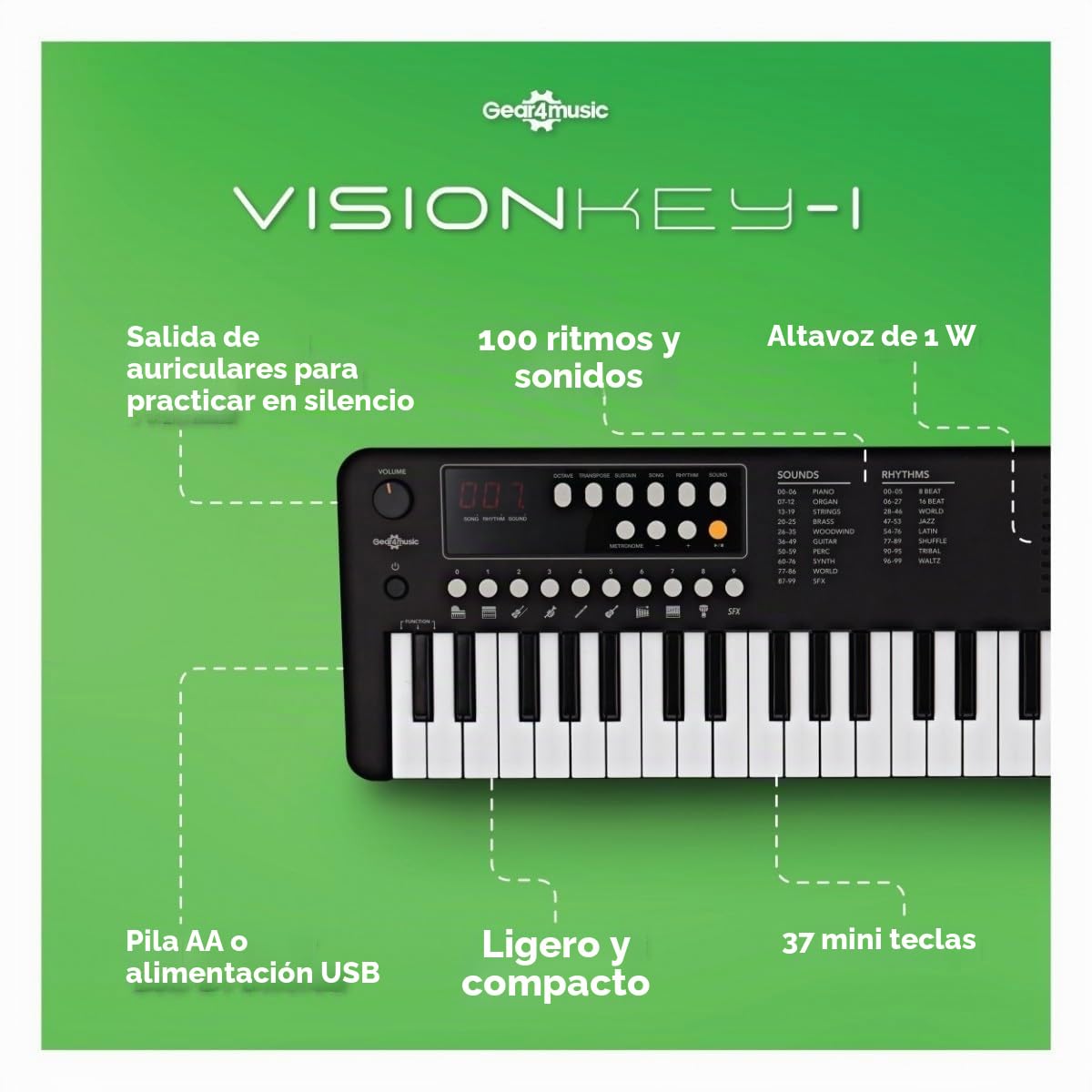 VISIONKEY-1 Mini Teclado Digital 37 Teclas para Niños y Principiantes | Piano Eléctrico de Mini Teclas con Auriculares, 3 Octavas, 100 Sonidos y Ritmos, USB-C o Pilas, Negro