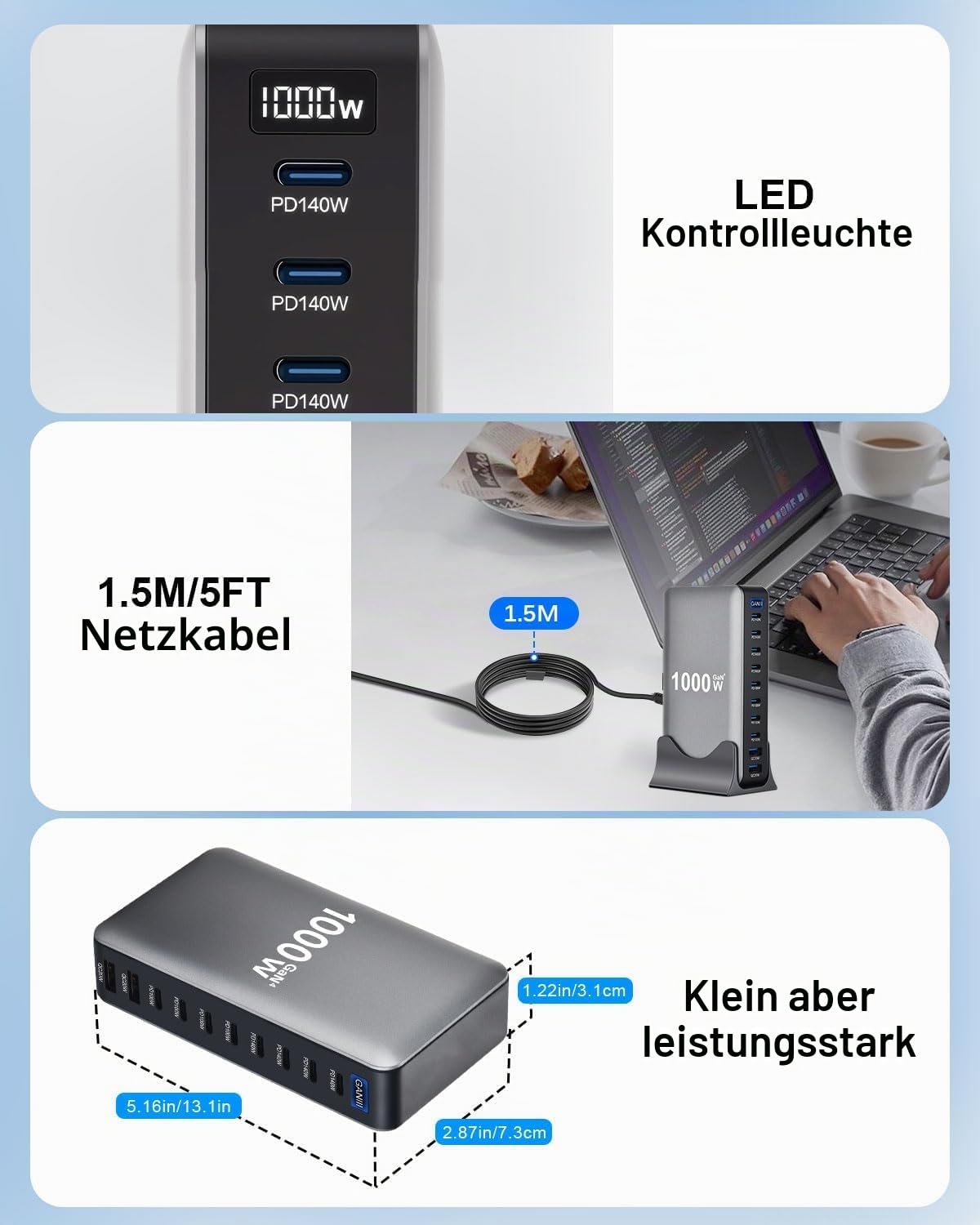 1000W USB C Ladegerät Mehrfach,10 Ports GaN III Schnellladegerät Ladestation mit 8 USB-C und 2 USB-A Charger PD PPS 100W Laptop Ladegerät Adapter für Mac Book Pro/Air/iPad Pro