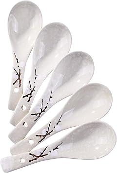 Ceramic Soup Spoons Set of 5-5.7 Inch Hand-Painted Plum Blossom Ramen Spoons with Snowflake Glaze - Japanese Style Porcelain Spoons for Pho, Miso Soup, Wonton, Rice - Dishwasher Safe