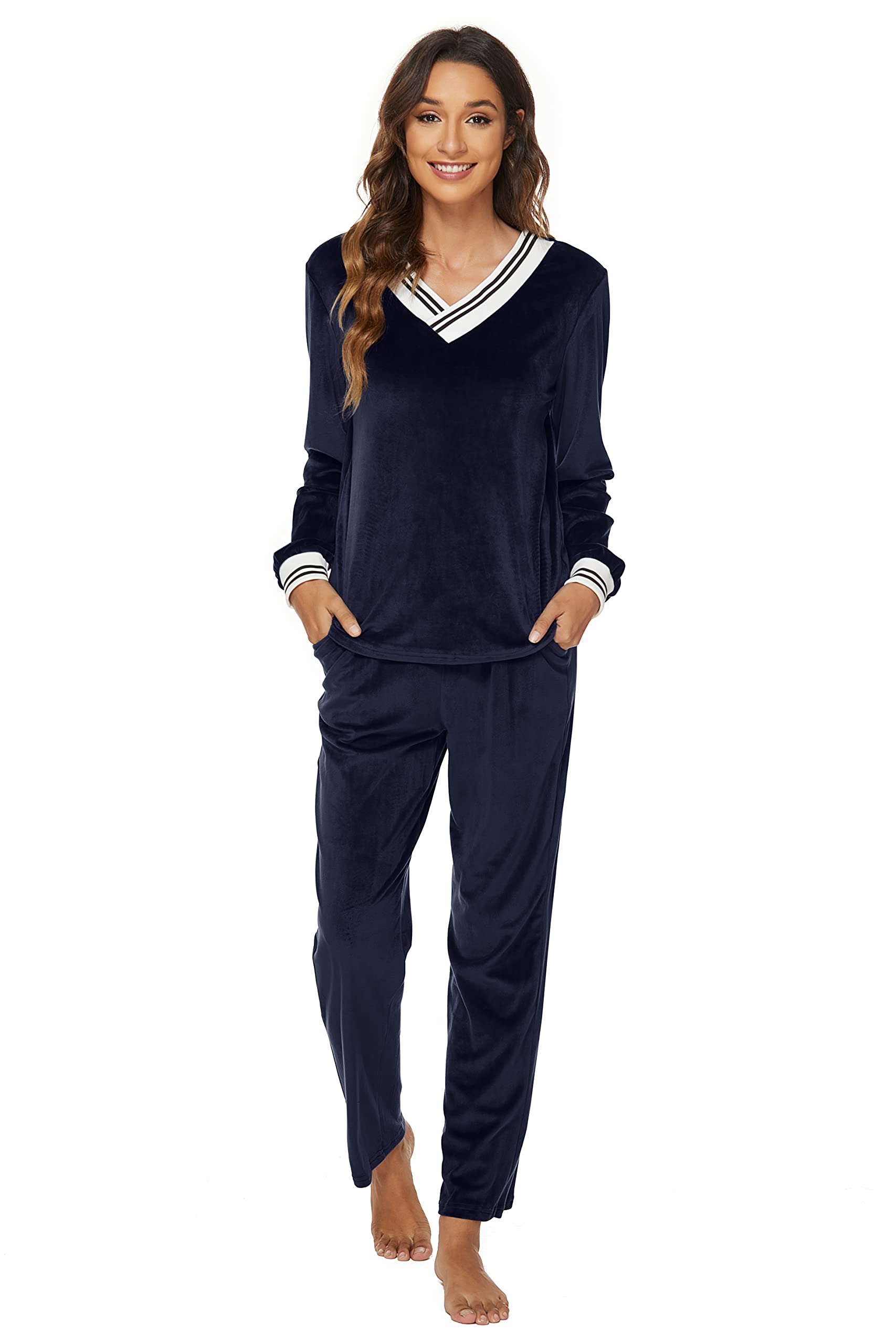 Velours Survêtements Femme Ensemble de Pyjama 2 Pièce Sportswear Jogging Hiver Col en V Sweatshirt et Pantalon Sweat Suit Tenue Sport Ensemble Vêtements de Nuit