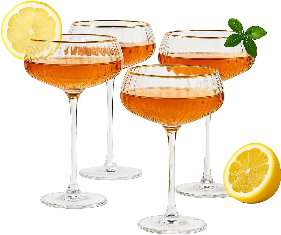 Khen Vintage Coupe Glasses Set of 2 - Premium Hand Blown Gold Rim Martini Glasses - Perfect for Cocktail, Martini and Champagne for Your Next Cocktail & Champagne Party - 9fl oz Gilded Glasses
