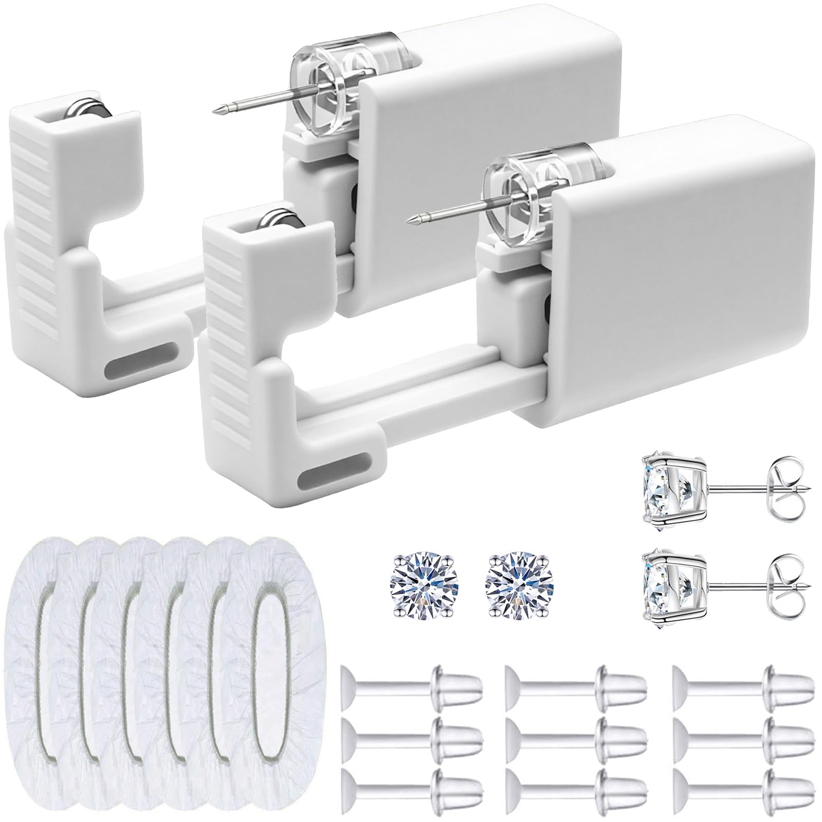 Disposable Ears Piercing Guns, Easy Self Piercing Kit with Stainless Steel CZ Stud Earrings, Suitable Anyone Wanting to Pierce Ears at Home (Silver-