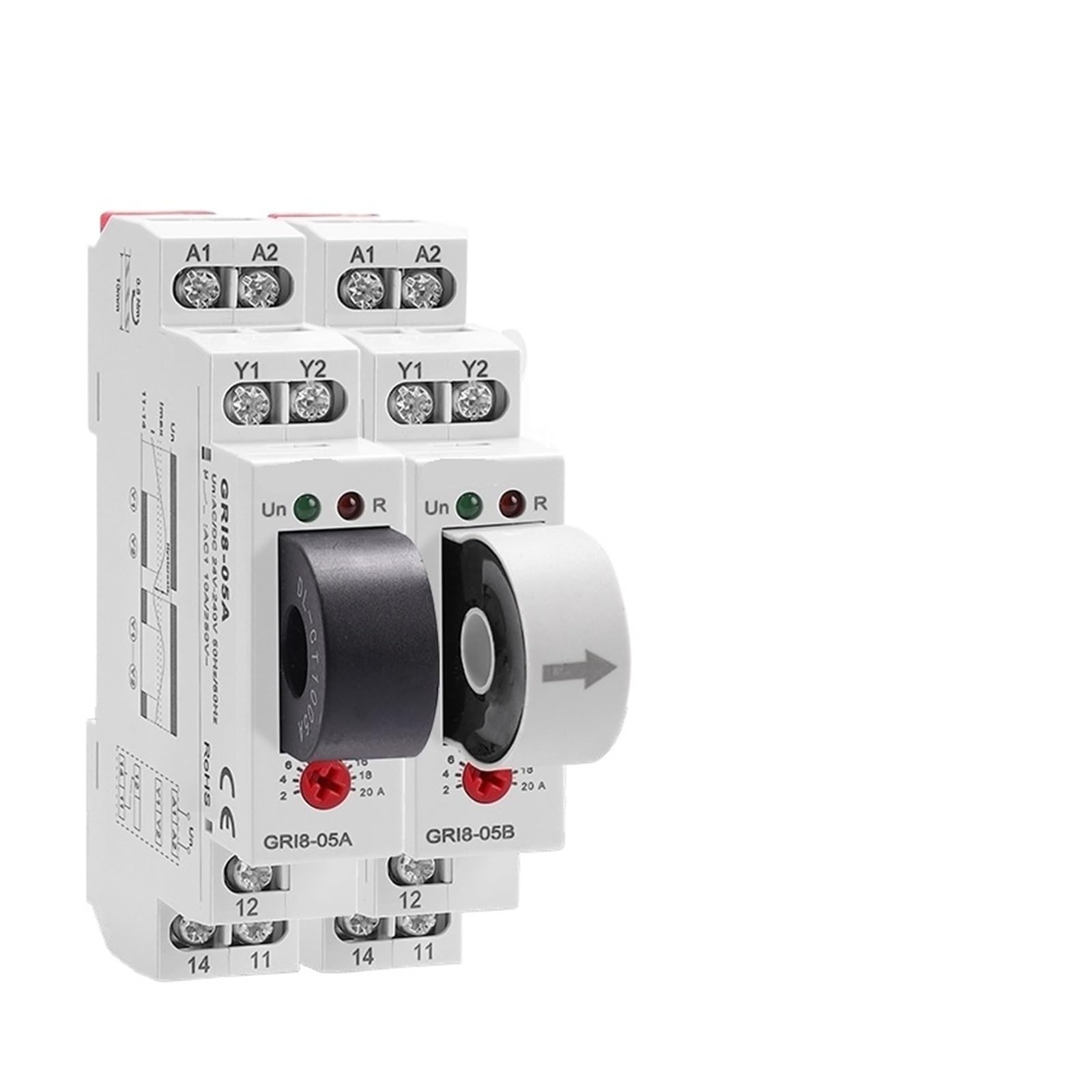 Relé de monitoreo de corriente 2A-20A GRI8-05B protección sobrecorriente baja corriente AC24V-240V 7