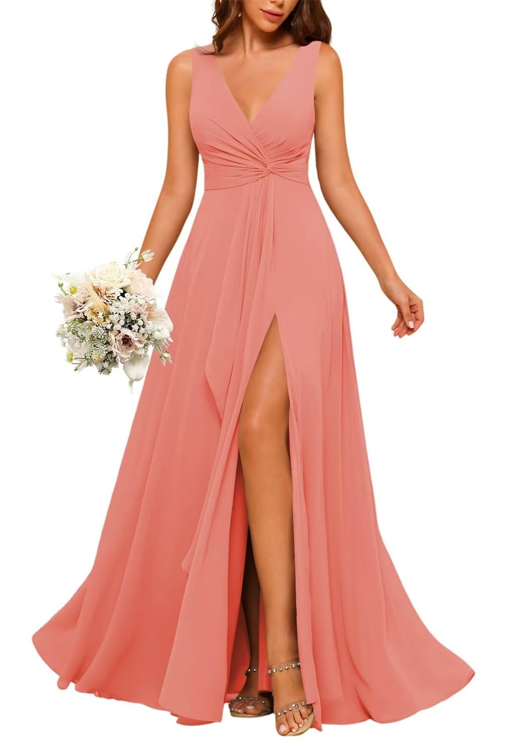Hppee Women's Coral Bridesmaid Dresses For Chiffon V Neck A Line Pleated Corset Formal Party Dress With Slit Uk14