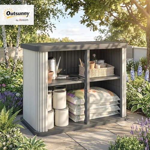 Outsunny 127 Gallon Outdoor Storage Cabinet, Plastic Storage Shed, Splash-Resistant & UV Resistant Garden Storage Container for Patio, Porch, Poolside, Grey&Beige - 1