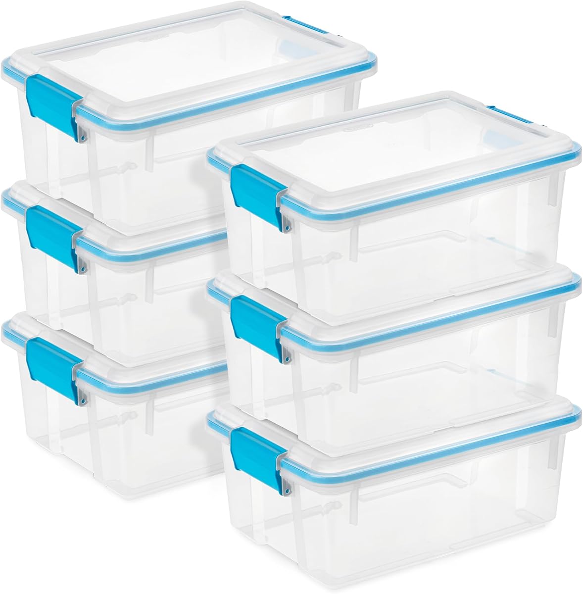 Gasket Storage Box with Lids for Home & Office, 12 Quart, 6-Pack | Heavy-Duty, Stackable, and Organizing Containers for Bathroom, Cabinet, Closet, and Garage, Clear and Blue Aquarium Latches
