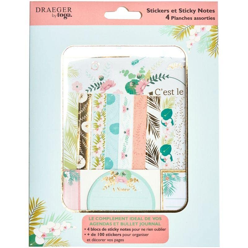 Draeger – Set de pegatinas, Masking Tape y Sticky Notes – Surtido con más de 100 pegatinas – Para decorar Bullet Journal, agendas – 4 colores y oro