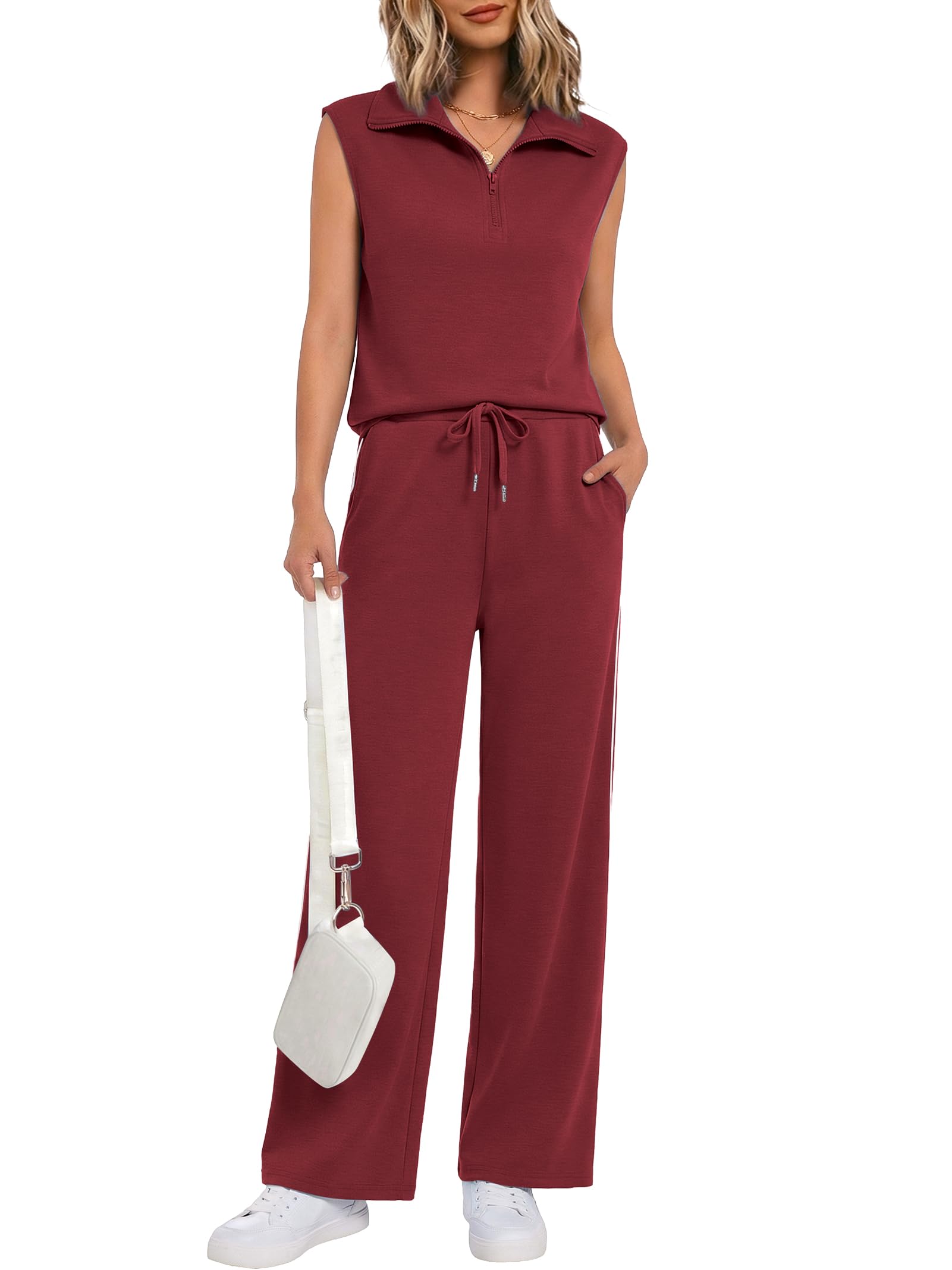 Casly Lamiit Two Piece Sets for Women 2026 Summer Half Zip Sleeveless Tank Top Wide Leg Striped Pants