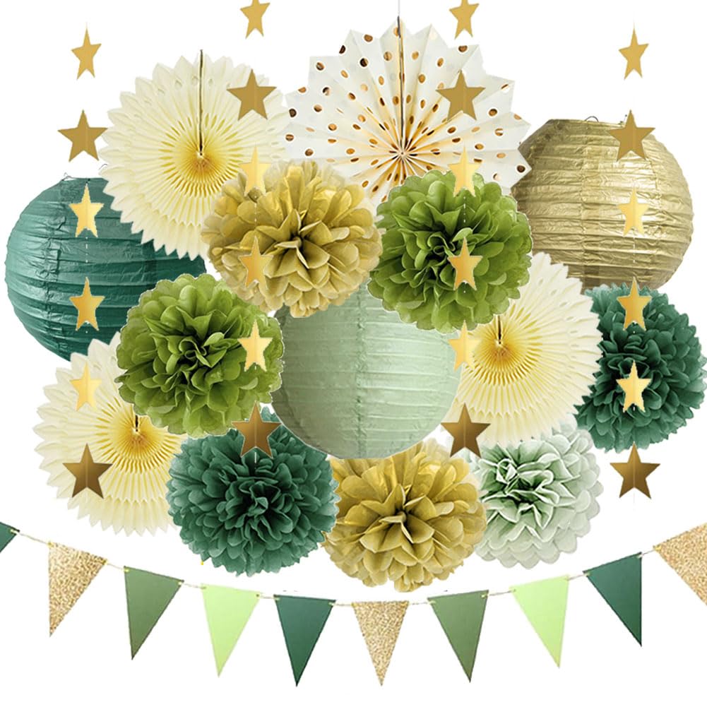 Sage Olive Green and Gold Party Decorations Retro Olive Sage Green Party Decorations Pastel Yellow Fans Gold Poms Lanterns for Engagement Baby Shower Bridal Shower Bachelorette Birthday Wedding