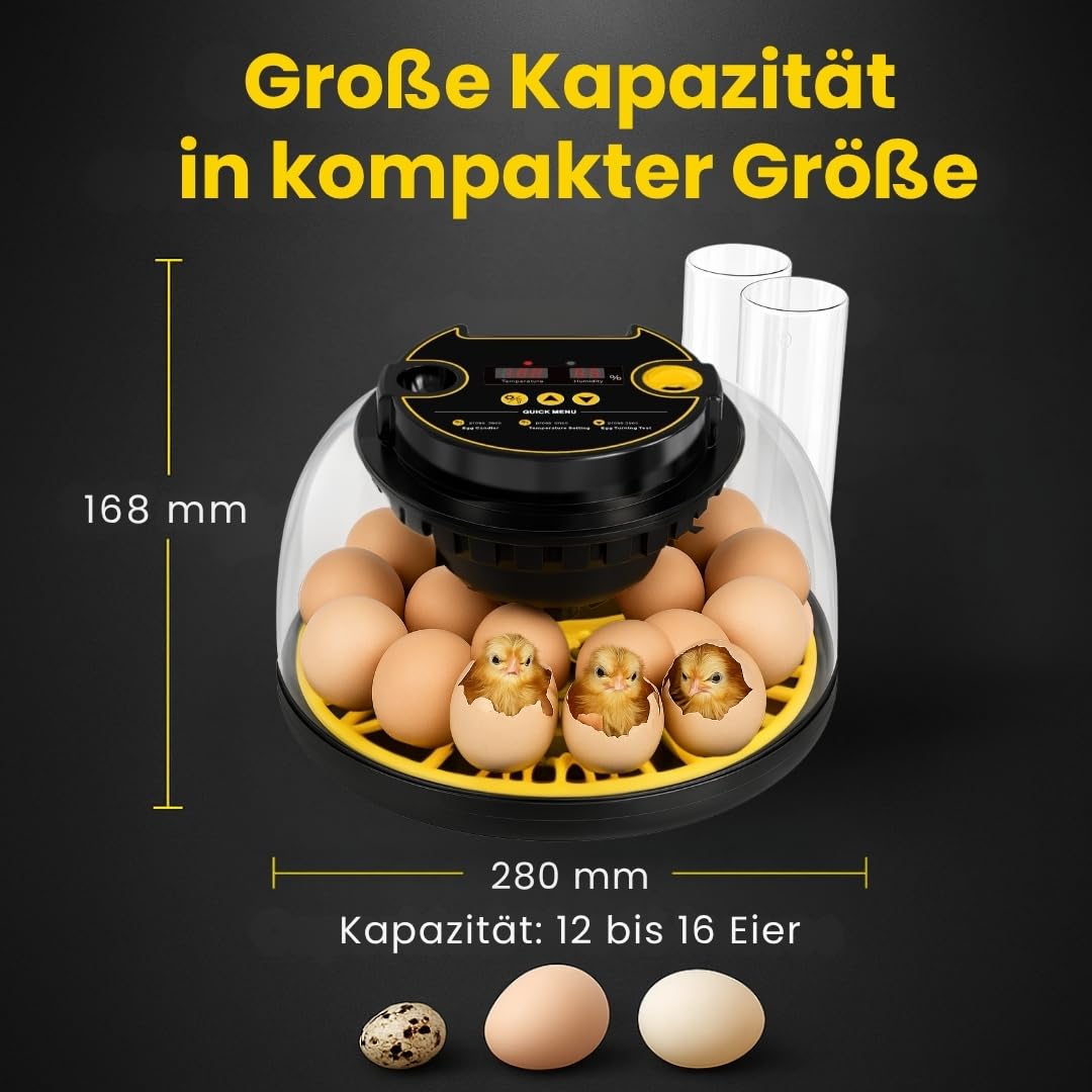 BRUTAUTOMAT AUTOMATISCH für alle Geflügelarten|12-16 Eier|Brutmaschine mit automatischer Temperatur- und Feuchtigkeitskontrolle|Inklusive Kalender,Futterspender und Tränke|Batteriefrei,35W Netzbetrieb