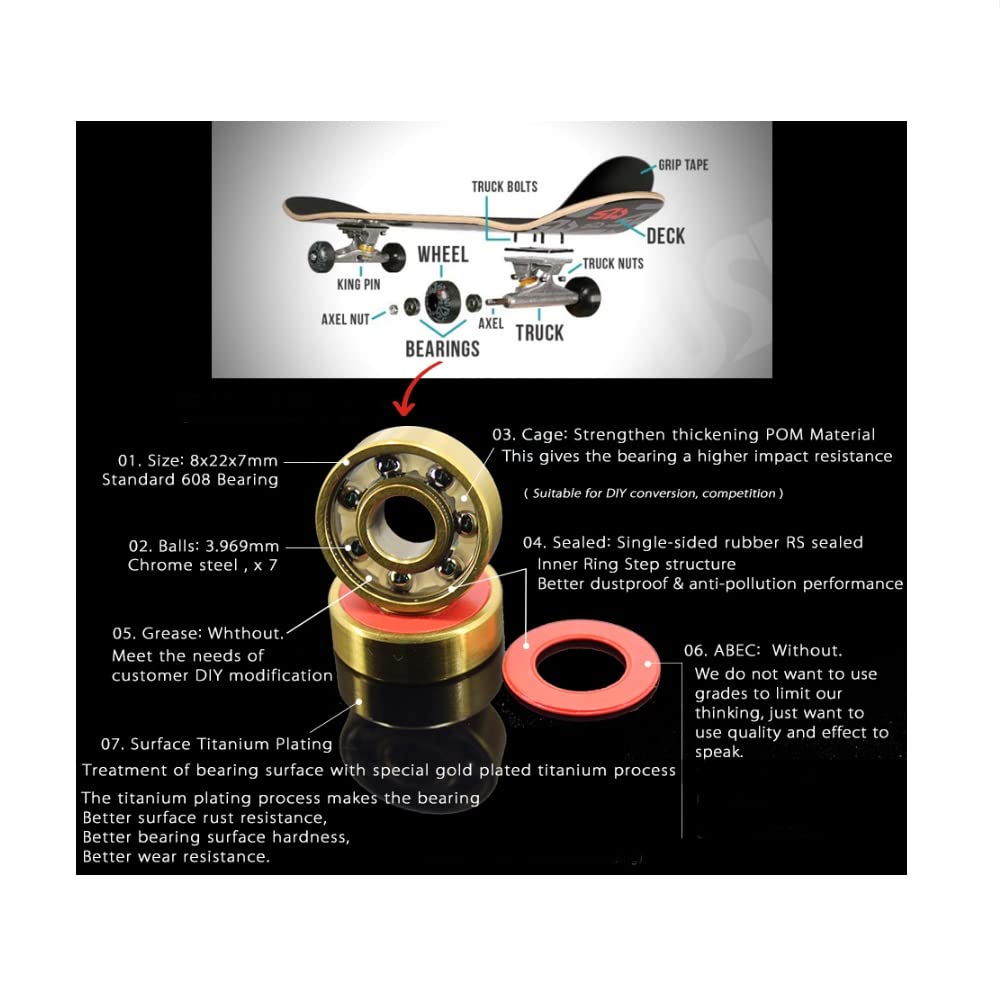 roulements, Roulements de Skateboard 608-TIG, 8x22x7mm, ABEC-9 608 V RS Surface, placage de Titane Or, Cage en Nylon, roulement à Billes 608, 16 pièces