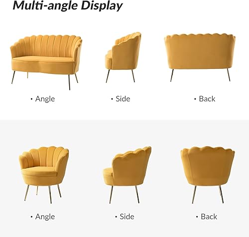 Miniatura 99 de HULALA HOME Moderno sofá biplaza de terciopelo con respaldo en forma de flor, cómodo sofá tapizado de 2 plazas con patas de metal dorado, sofá