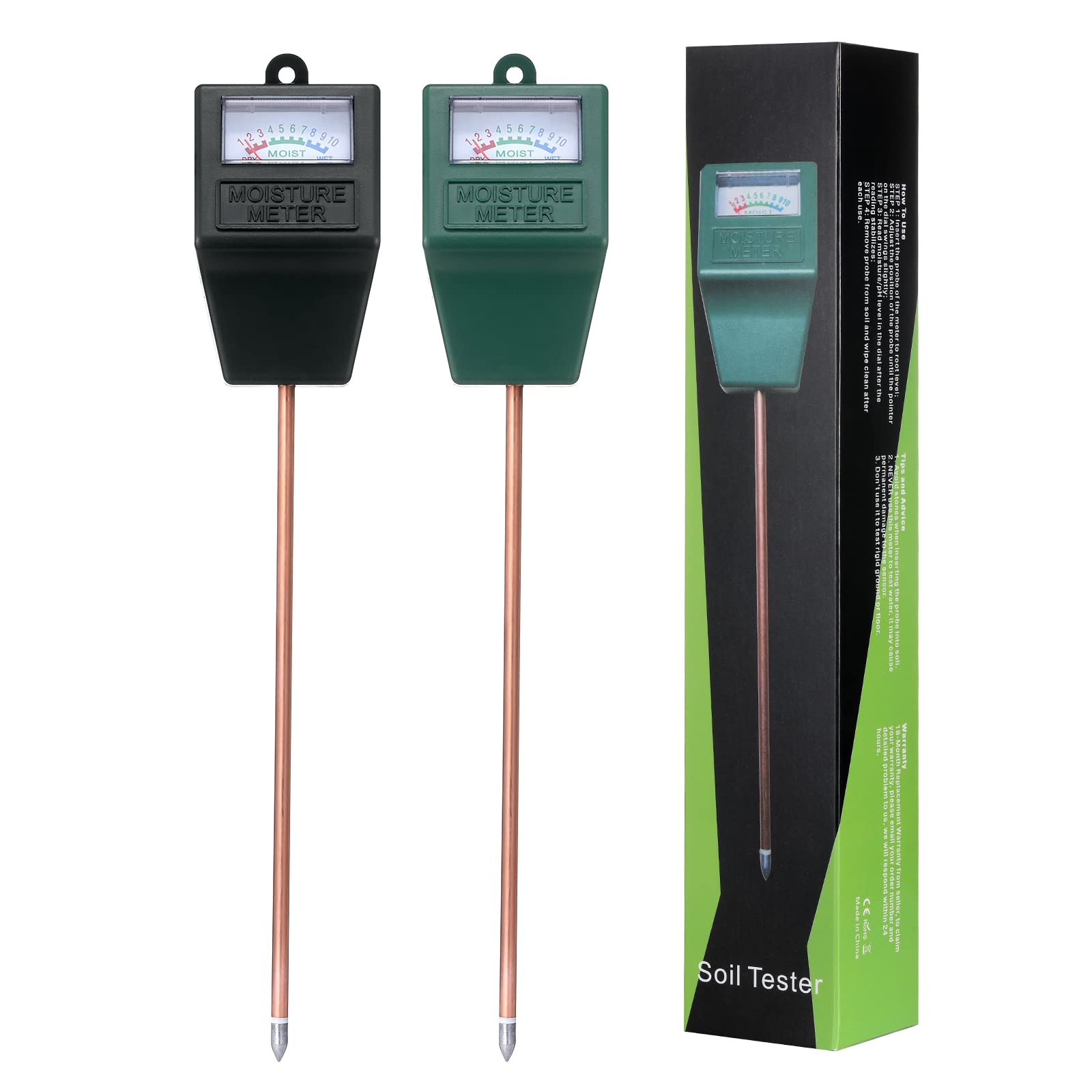 Yizerel 2 Packungen Bodenfeuchtigkeitsmesser für Zimmerpflanzen, Pflanzenwasserzähler, Boden-Test-Set, Bodenhygrometer, Bauernhof, keine Batterie erforderlich (Schwarz und Grün)
