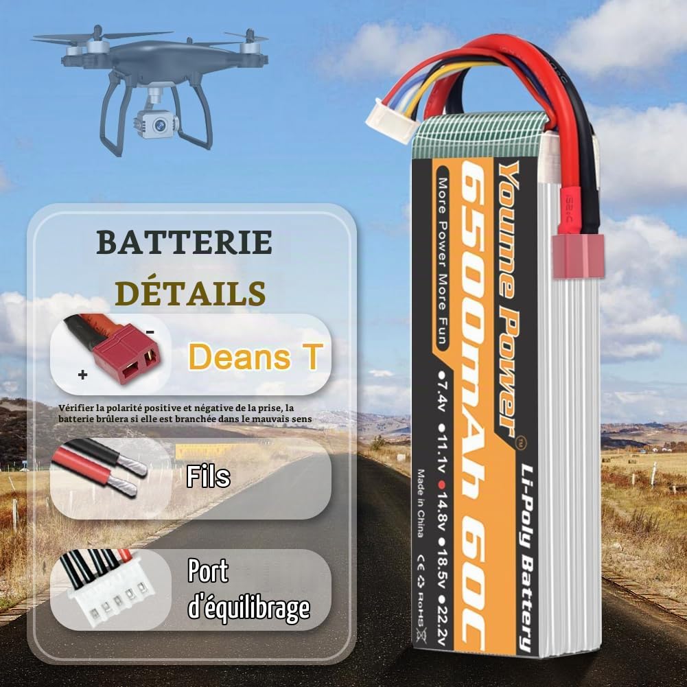 Youme Batterie LiPo 4S 14.8V 6500mAh 60C Prise T pour RC Voiture Camion 2pc