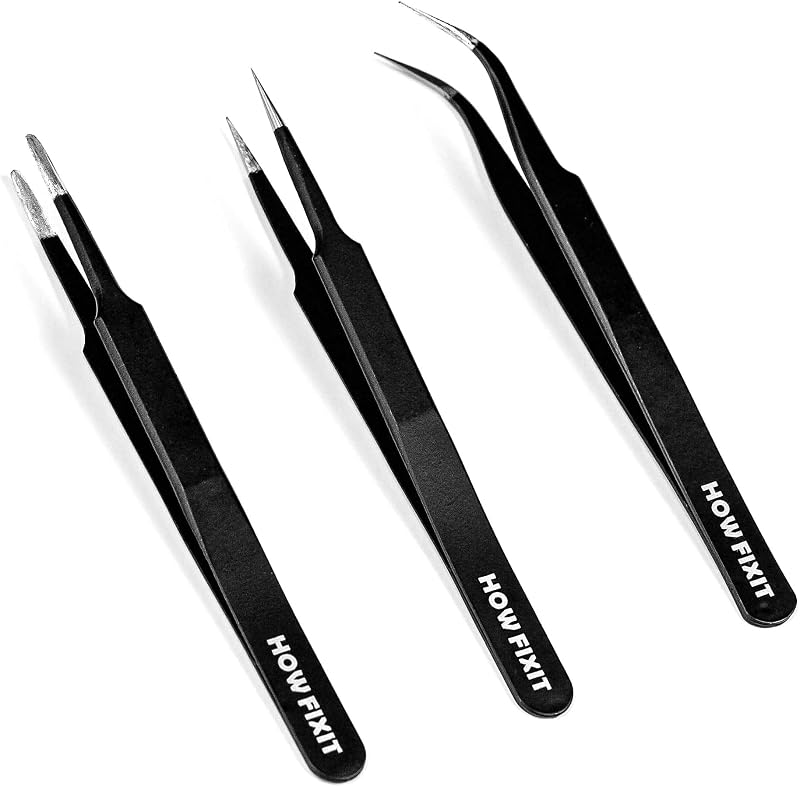 HowFixit Juego de pinzas de precisión, acero inoxidable antiestático ESD con puntas curvas, micropuntas y planas para reparación electrónica, soldadura, joyería, manualidades, reparación de relojes y piezas pequeñas