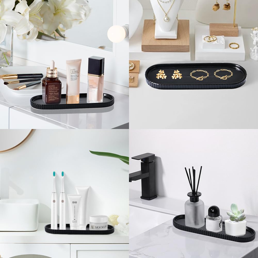 Schwarzes Badezimmer-Zubehör-Set, geripptes Design, 4-teiliges Keramik-Badezimmer-Set, komplette Zahnbürstenhalter, Seifenspender, Schminktisch, Zahnbürstenbecher, stilvolle schwarze